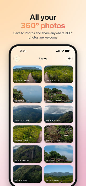 “All your 360° photos — save to Photos and share anywhere 360° photos are welcome.” The gallery: two columns of photo cards, each with its date.