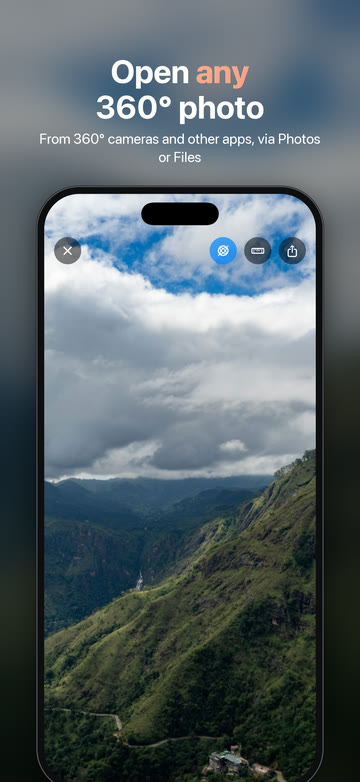 “Open any 360° photo — from 360° cameras and other apps, via Photos or Files.” The viewer showing clouds over a steep green mountainside.